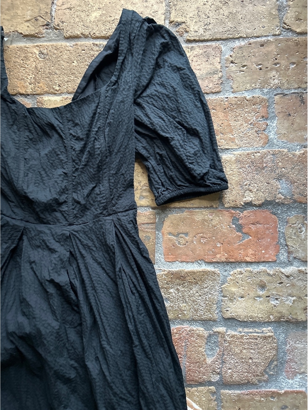 Black Textured Puff Sleeve Maxi Dress with Square Neckline